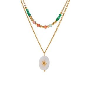 Multicolor gemstone beads layered gold necklace